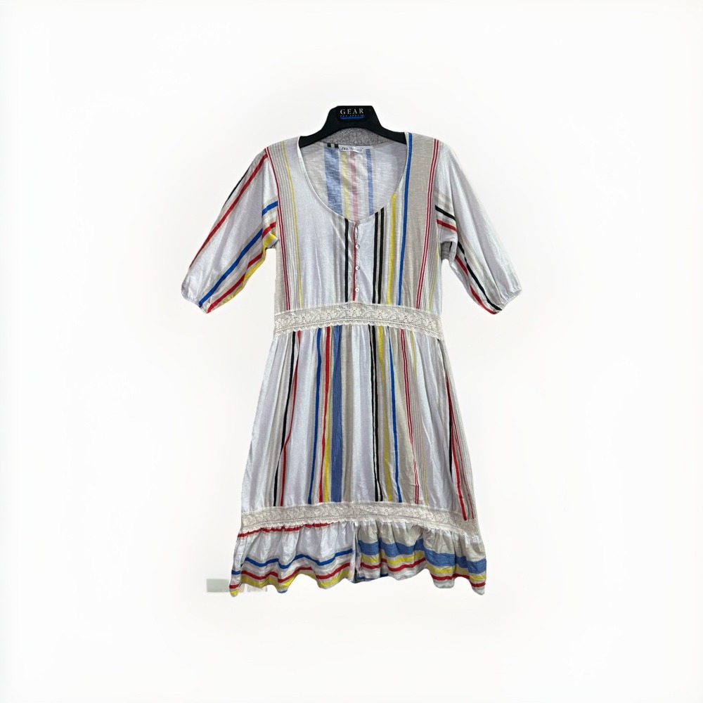 ZARA Midi Dress Women's Small Multicolor Striped Boho Peasant - Picture 2 of 7